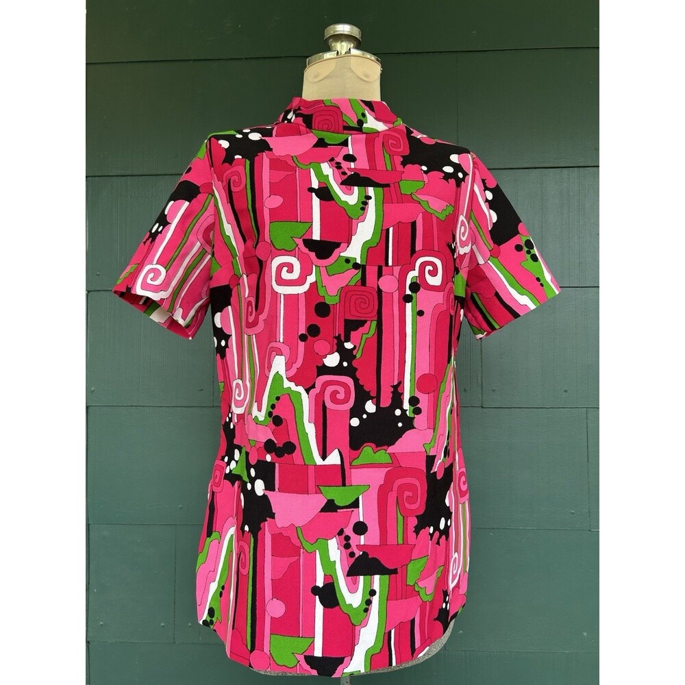 Vintage 70s Handmade Psychedelic Mod Tunic Top S/M Pink Groovy Talon Zipper